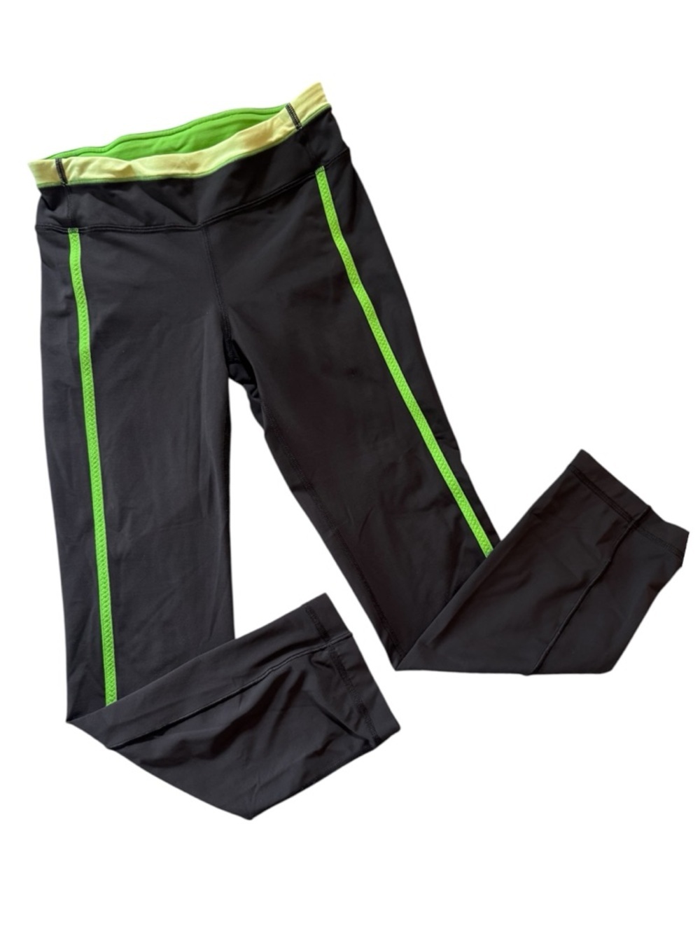 Lululemon Run Crop Leggings Black Neon Green Stripe Size 4